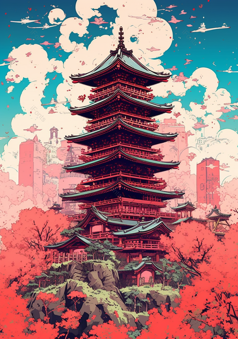 山上的古塔桃花盛开中国风插画背景,插画/手绘图,插画/手绘图库,插画/手绘图下载,插画/手绘